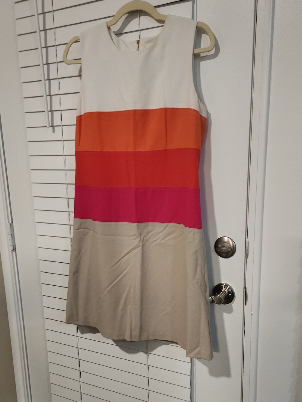 Calvin Klein Sleeveless Colorblock Shift Dress in White, Orange, Pink, and Tan